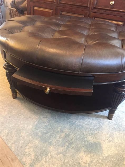 Bernhardt tufted leather round cocktail coffee table ottoman. Solid ...