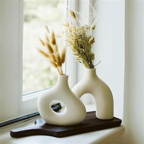 White Ceramic Vase Set For Home Decor - Perfect For Dried Flowers And Pampas Grass - Modern ...