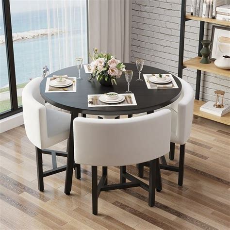 Round Wood Nesting Small Dining Table Set for 4 - 40" Modern White Kitchen Table and Chairs ...