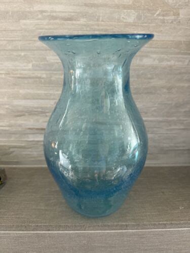 Hand Blown Art Glass Varying Size Bubbles Blue Aqua Vase Vintage 9”x4 ...