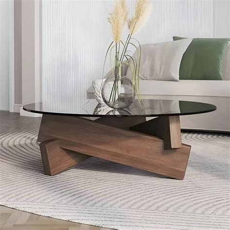 Round Glass Modern Coffee Table with Abstract Wood Base - 40cm Height ...