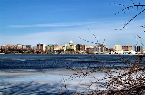 Madison Skyline across Partially Frozen Lake Monona in Madison ...