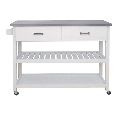 White Wood Kitchen Cart with Stainless Steel Table Top and Two Drawers ...