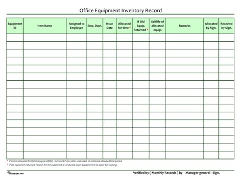 Employee Equipment Inventory List Template