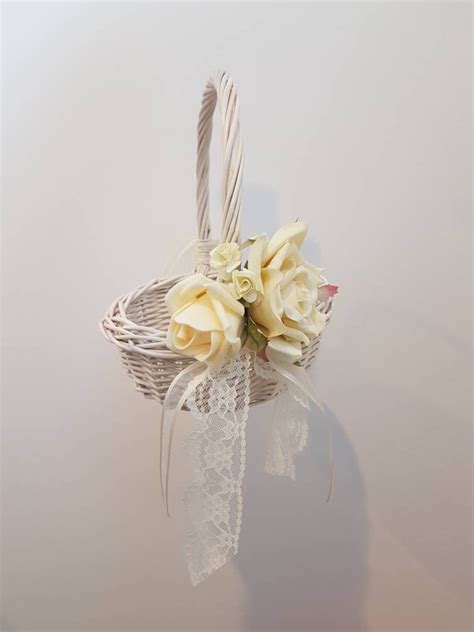 Ivory Wicker Flower Basket With Rose Bouquet - Etsy