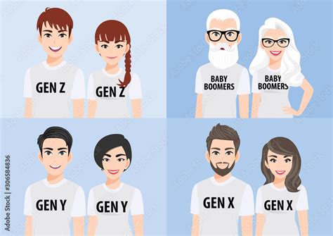 Cartoon character with generations concept. Baby boomers, generation x, generation y or ...