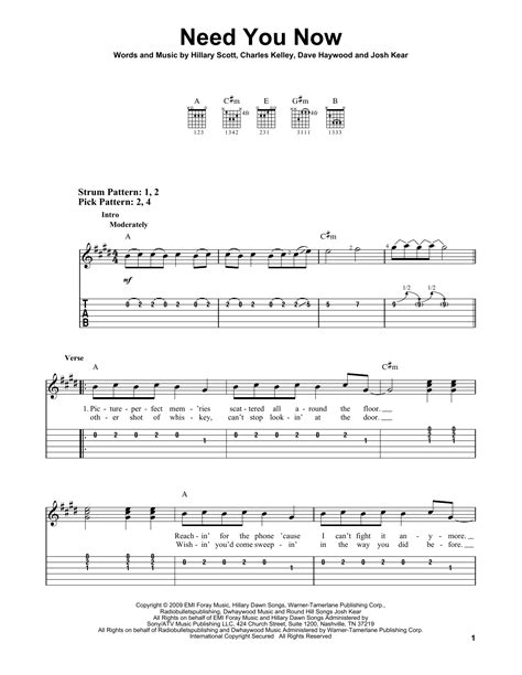 Need You Now sheet music by Lady Antebellum (Easy Guitar Tab – 74734)