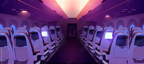 Airplane cabin with seats and screens inside rear view. Dark economy ...