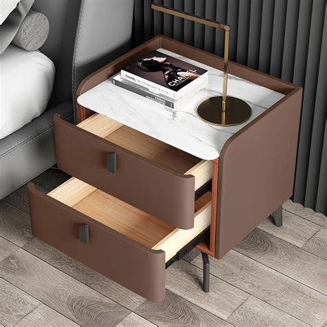 Brown Modern Nightstand with 2 Drawers Bedroom Nightstand Faux Marble Top - Invastor