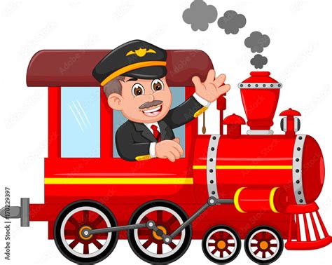 cheerful cartoon train with smile conductor waving Stock Vector | Adobe ...