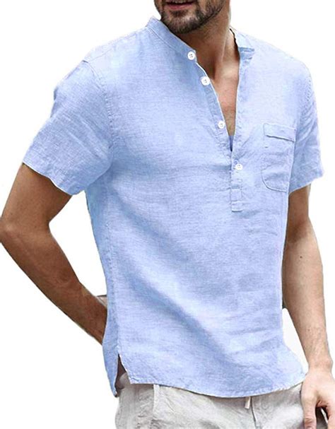 SySea - Mens Henley Shirt Short Sleeve Linen Banded Collar V Neck Summer Beach T Shirt Blouse ...