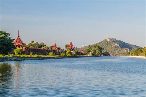 Moat, Bridge, Walls and a Tower of Mandalay Fortress, Myanm Stock Image ...