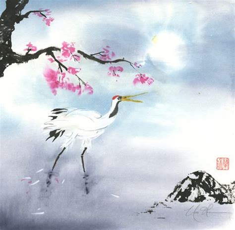 Original Crane Brush Painting - Moon Love - Nan Rae Studio