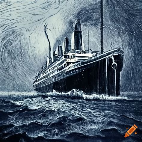 Black and white ink drawing of titanic on the sea