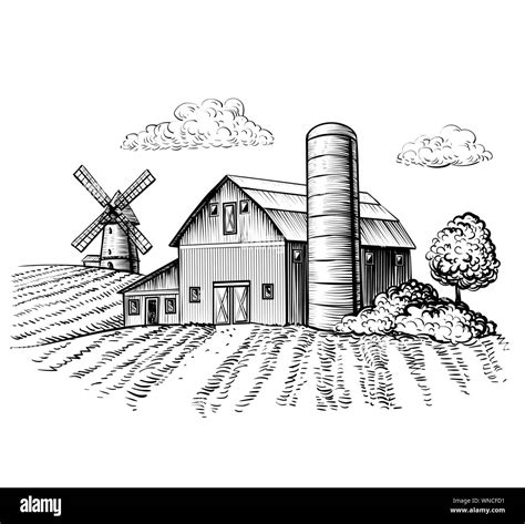 Rural landscape, farm barn and windmill sketch. Hand draw illustration of countryside natural ...