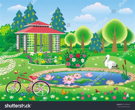 Vector Landscape Beautiful Garden Gazebo Pond: เวกเตอร์สต็อก (ปลอดค่า ...