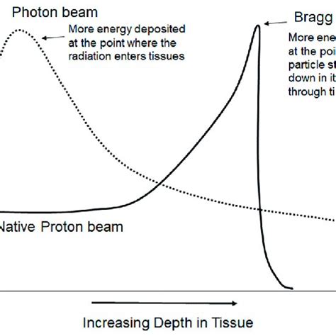 Schematic of the Bragg peak. As radiation energy traverses tissue, it... | Download Scientific ...