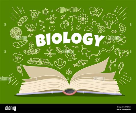 Biology textbook, symbols and icons on school board. Vector science and education background ...
