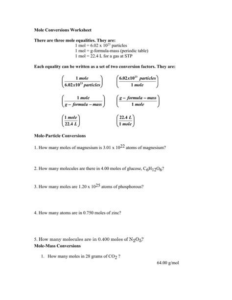 Mole Conversions Worksheet