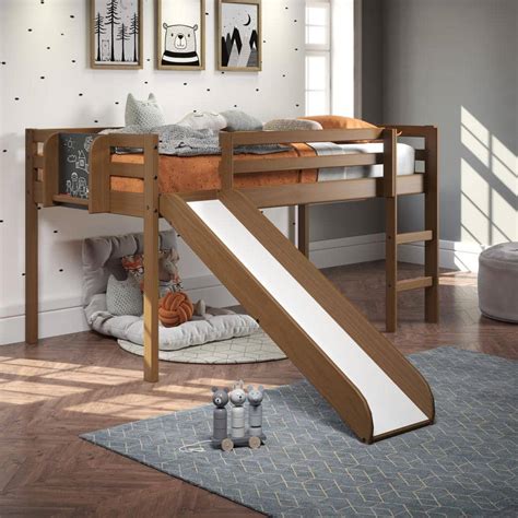 HOMESTOCK Latte Twin Wood Loft Bed with Slide, Kids Low Loft Bed with ...