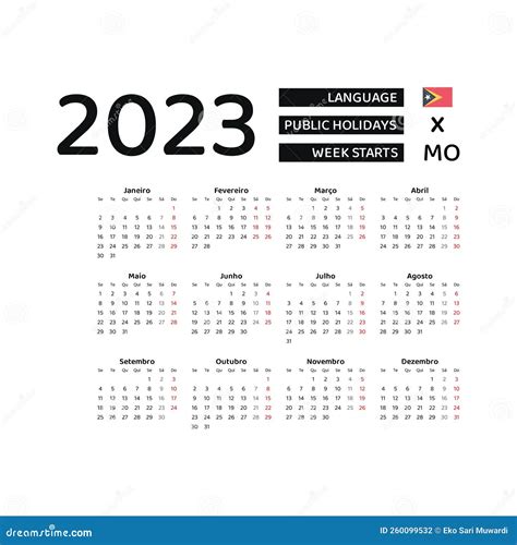 Timor Leste Calendar 2023. Week Starts From Monday. Vector Graphic Design. Stock Photo ...