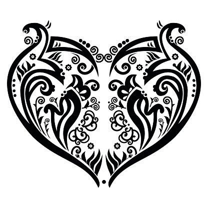 Swirly, Tattoo Inspired Heart Shape With Floral Elements Stock Clipart ...