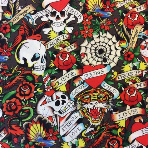 Ed Hardy True Love Skulls Tattoos Biker Tough Tiger Cotton Quilt Fabric QT45