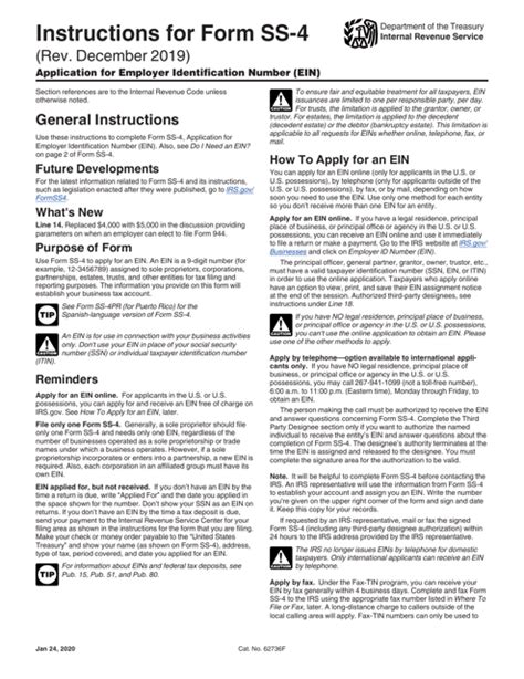 Download Instructions for IRS Form SS-4 Application for Employer Identification Number (Ein) PDF ...