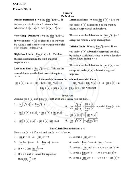 Calculus Equations Sheet