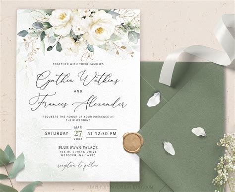 White Floral Wedding Invitation Template Download Ivory White - Etsy ...