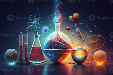 Science background illustration, scientific design. Flasks, glass and chemistry, physics ...