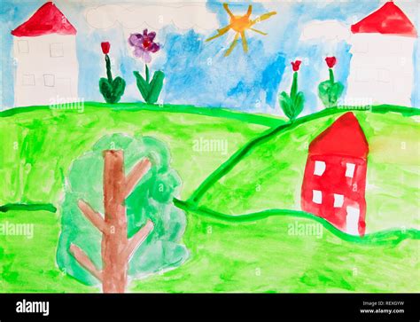 Child's drawing of houses meadow and flowers. Bright colors of summer ...