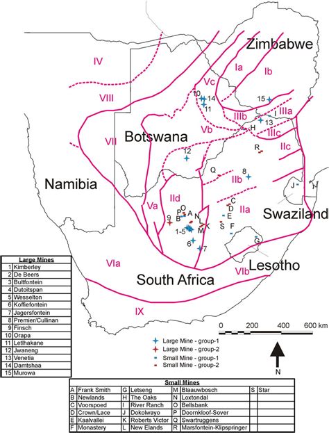 Map showing the location of kimberlite-hosted diamond mines in southern ...