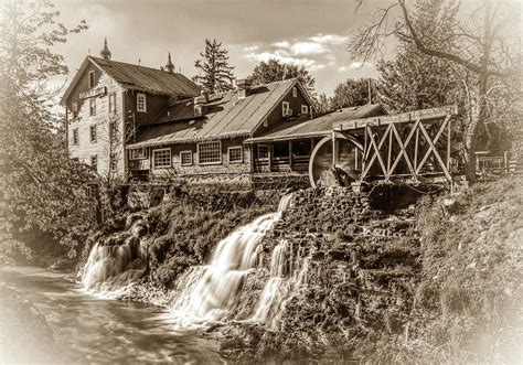 Clifton Mill - Waterfall, Gorge, Mill Near Yellow Springs, Oh - Sepia Photograph by Ina Kratzsch