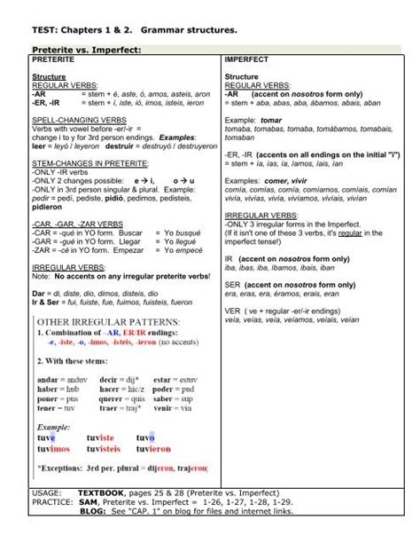 TEST: Chapters 1 & 2. Grammar structures. Preterite vs. Imperfect: