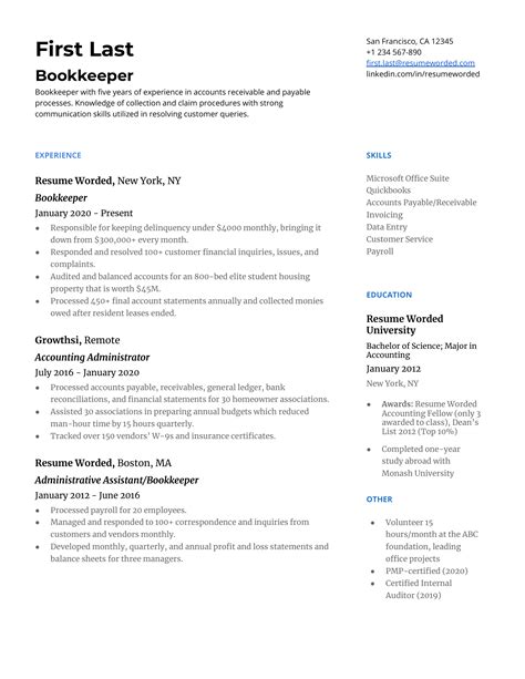 Bookkeeper Resume Example for 2023 | Resume Worded