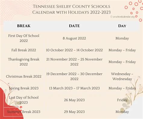 Tennessee Shelby County Schools Calendar 2023 - US School Calendar