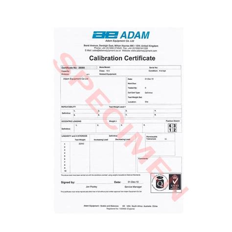 Standard Calibration Certificate | AJ Products