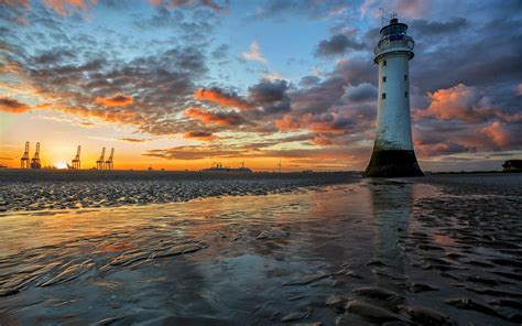 Download Sunset Cloud Sky Beach Man Made Lighthouse HD Wallpaper