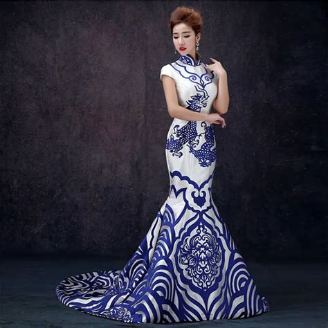 Luxury Evening Dress Blue And White Porcelain Cheongsam Qipao Dresses ...