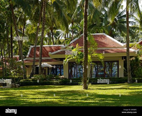 Bungalows in one of luxury resorts on Maenam beach, Koh Samui island ...