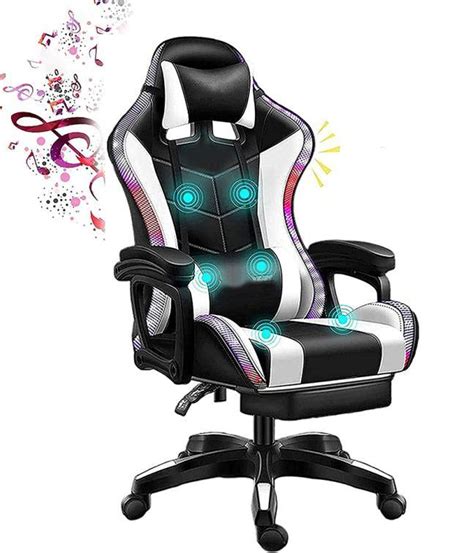 White Massage Reclining RGB Light Gaming Chair with High Back - Massage ...