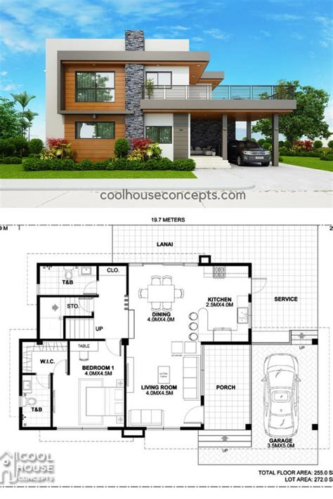 two story house plan with garage and living room in the middle, and an open floor plan