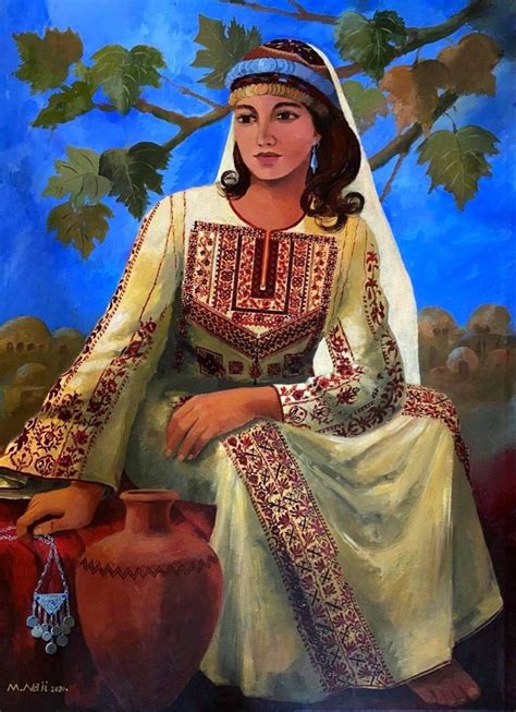 an oil painting of a woman in traditional dress sitting next to a vase ...