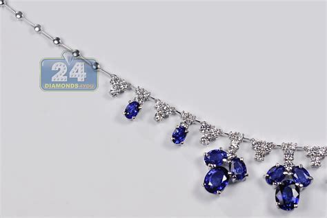 Womens Blue Sapphire Diamond Necklace 14K Gold 29.74 ct 17 inch