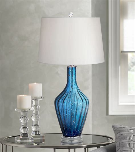 Possini Euro Design Coastal Table Lamp 29" Tall Blue Fluted Art Glass Vase White Drum Shade for ...