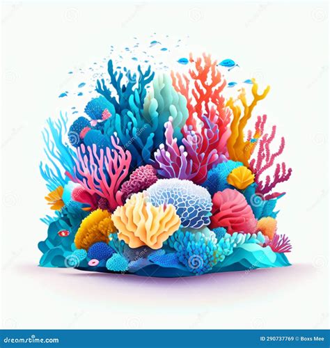 Colorful Coral Reef with Fishes on White Background. 3d Illustration Generative AI Stock ...