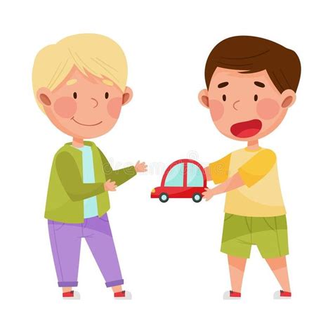 Friendly Kids Playing Together and Sharing Toy Car Vector Illustration Stock Vector ...