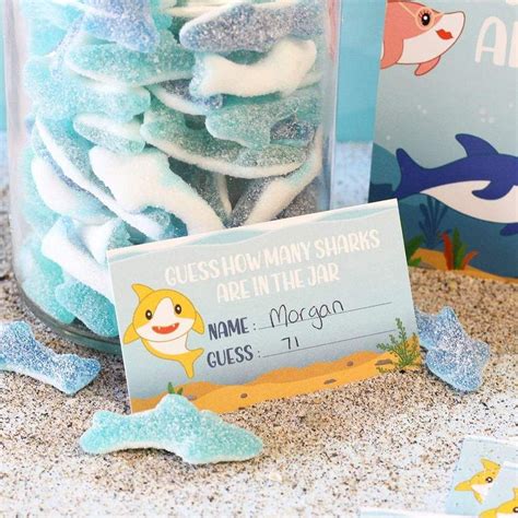 Shop party games for a baby shark birthday party or shark baby shower, including an adorable how ...