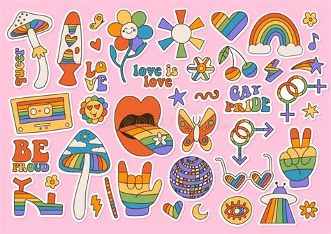 Stickers Kit with LGBTQ Community Symbols with Retro Rainbow Flag Colored Elements, Pride ...